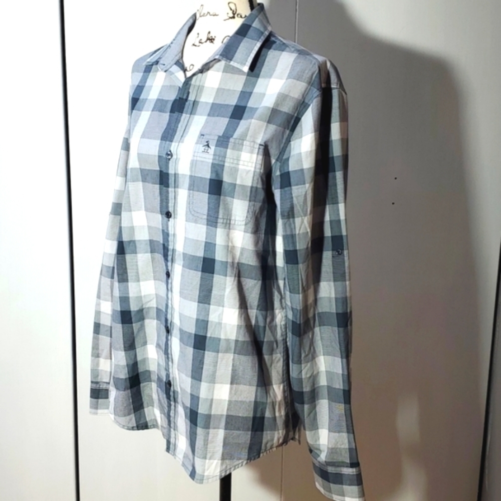Penguin|Mens Black Gray White Checkered Shirt Preppy Button Down Sz.Large